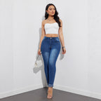 Pantalones de mujer de talle alto y pierna recta – Azul oscuro, corte ajustado, 100% poliéster, con bolsillos.