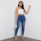 Pantalones de mujer de talle alto y pierna recta – Azul oscuro, corte ajustado, 100% poliéster, con bolsillos.