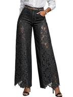 Pantalones vaqueros de mezclilla de cintura alta y pierna ancha con paneles de encaje para mujer
