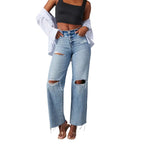 Pantalones vaqueros de mujer de pierna recta, lavados, de talle alto y largo completo