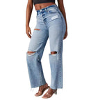 Pantalones vaqueros de mujer de pierna recta, lavados, de talle alto y largo completo