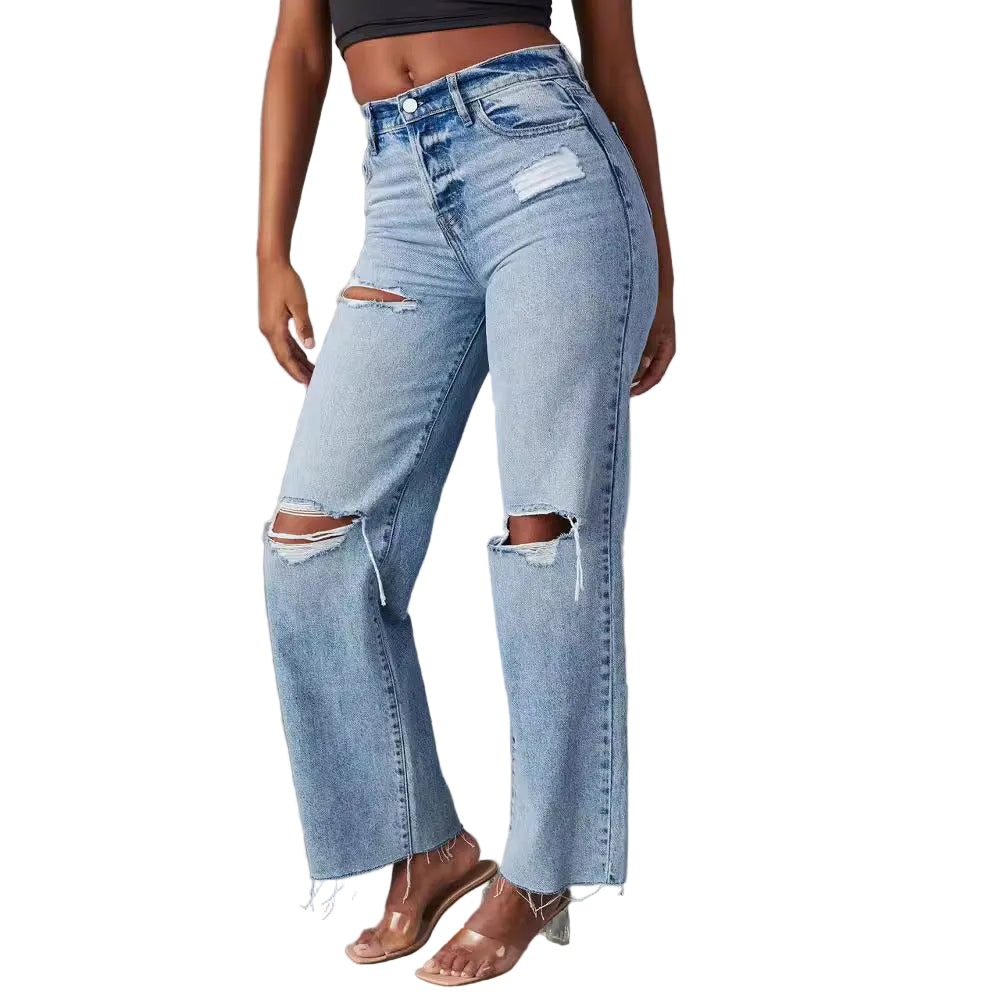 Pantalones vaqueros de mujer de pierna recta, lavados, de talle alto y largo completo