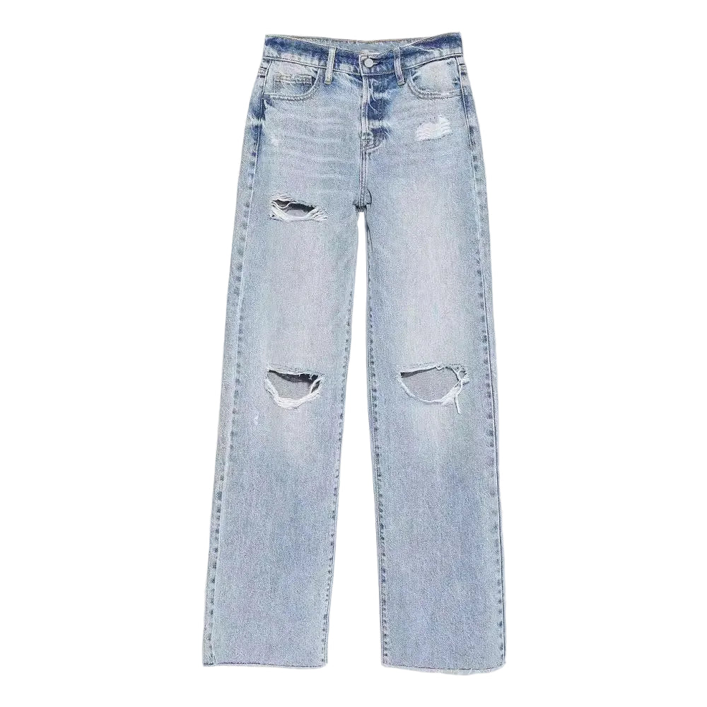 Pantalones vaqueros de mujer de pierna recta, lavados, de talle alto y largo completo