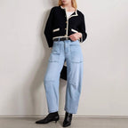 Pantalones vaqueros de mujer de talle alto, corte recto y múltiples bolsillos, largos hasta el suelo