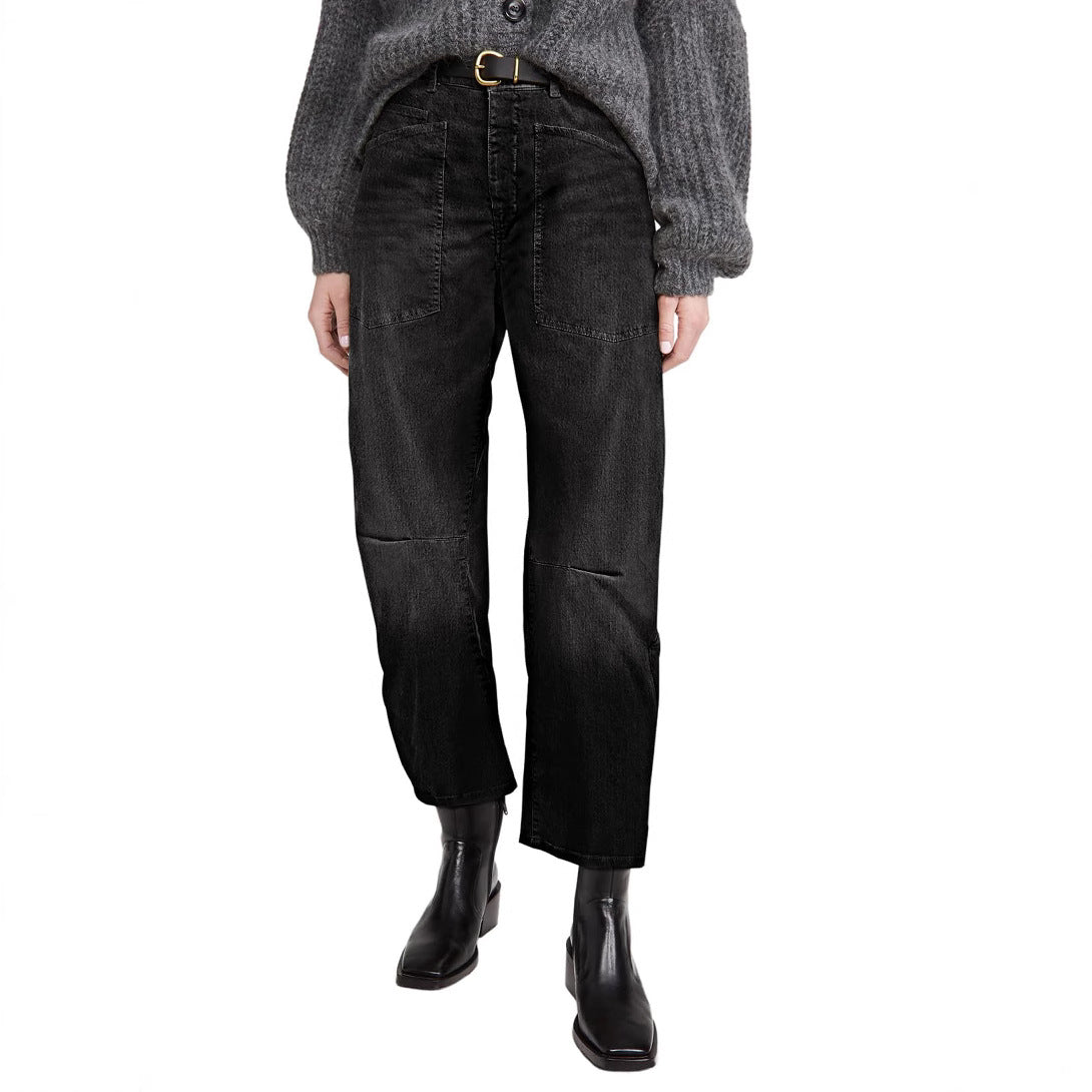 Pantalones vaqueros de mujer de talle alto, corte recto y múltiples bolsillos, largos hasta el suelo