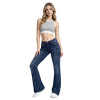 Pantalones vaqueros elásticos de talle alto y corte acampanado para mujer