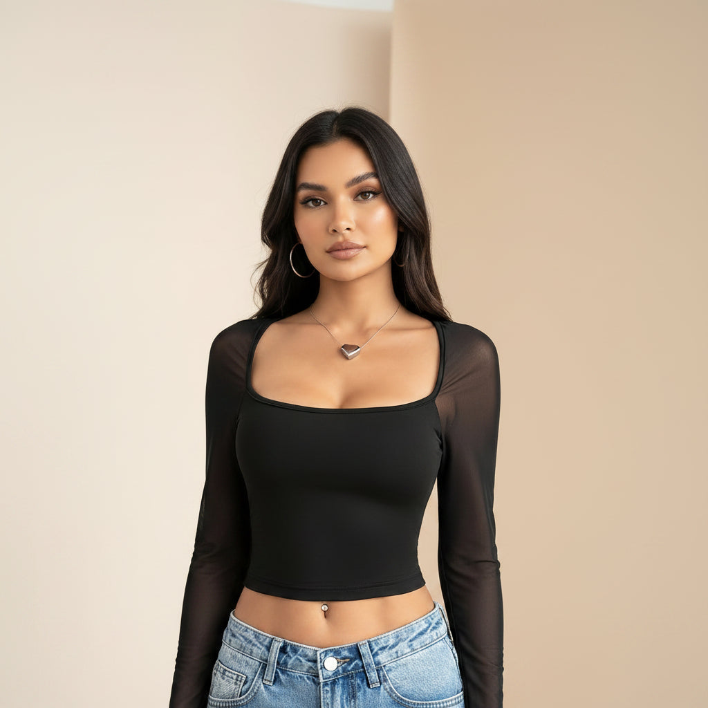 Schwarzes, schmal geschnittenes Damen-Langarmshirt mit eckigem Ausschnitt – Transparentes Patchwork-Crop-Top im Streetstyle