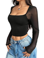 Top corto de manga larga con cuello cuadrado y estampado patchwork para mujer, estilo casual urbano