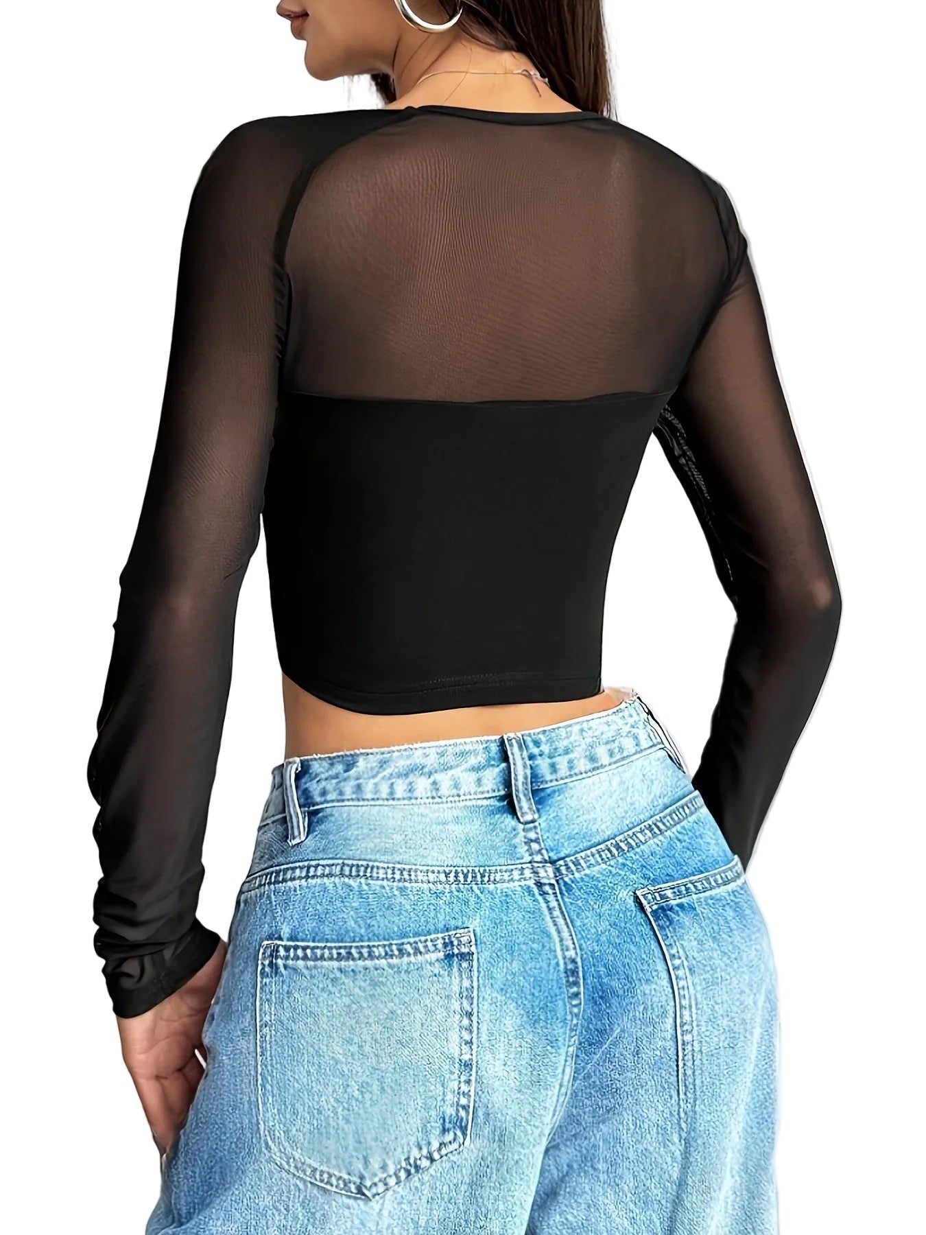 Top corto de manga larga con cuello cuadrado y estampado patchwork para mujer, estilo casual urbano