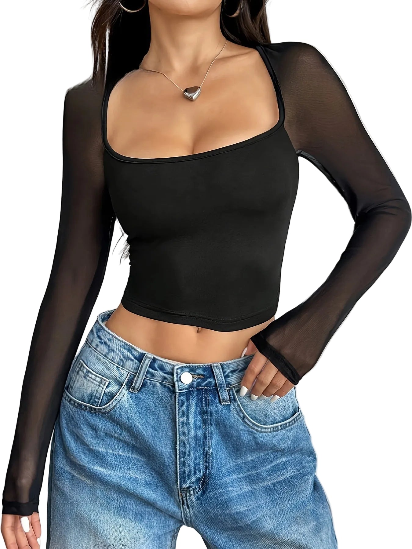 Top corto de manga larga con cuello cuadrado y estampado patchwork para mujer, estilo casual urbano