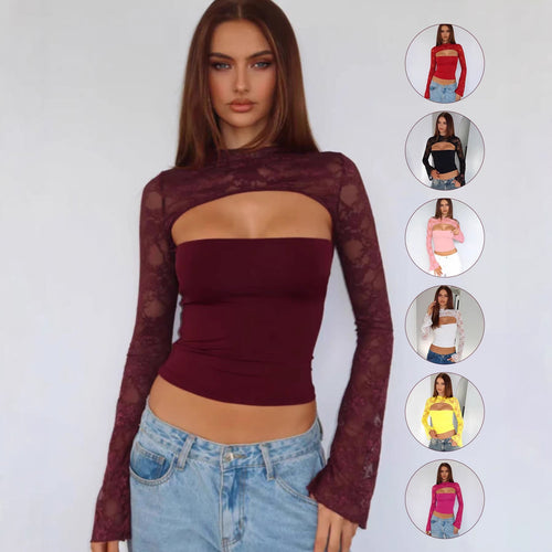 Top de mujer de manga larga acampanada con encaje y patchwork – Jersey corto de punto ajustado en varios colores