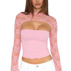 Top de mujer de manga larga acampanada con encaje y patchwork – Jersey corto de punto ajustado en varios colores
