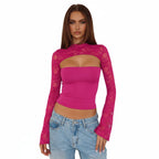Top de mujer de manga larga acampanada con encaje y patchwork – Jersey corto de punto ajustado en varios colores