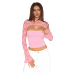 Top de mujer de manga larga acampanada con encaje y patchwork – Jersey corto de punto ajustado en varios colores