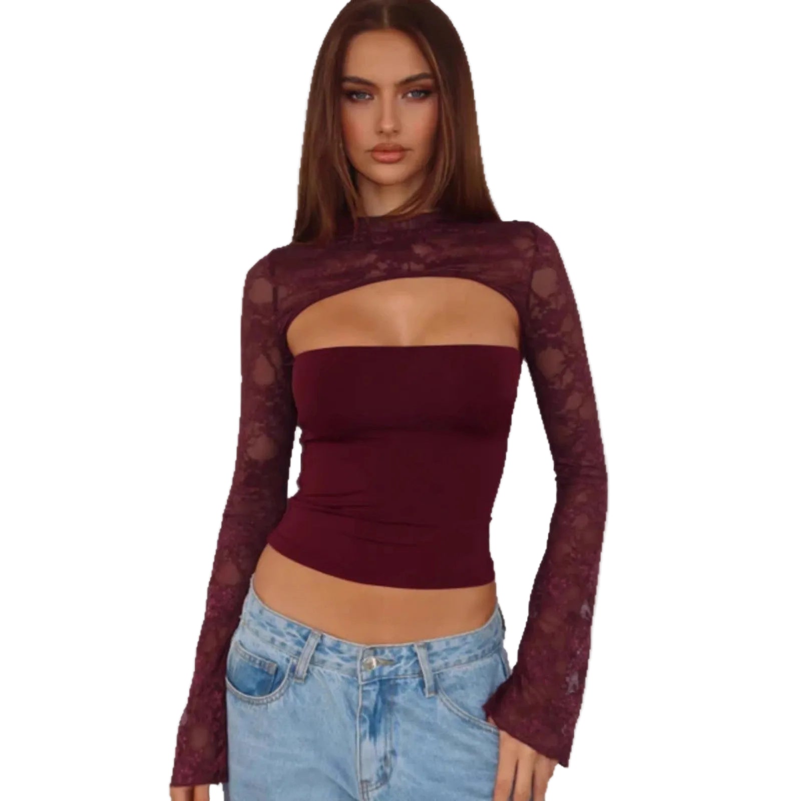 Top de mujer de manga larga acampanada con encaje y patchwork – Jersey corto de punto ajustado en varios colores
