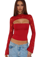 Top de mujer de manga larga acampanada con encaje y patchwork – Jersey corto de punto ajustado en varios colores