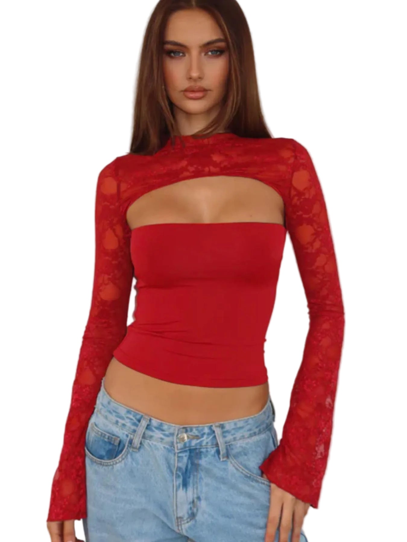 Top de mujer de manga larga acampanada con encaje y patchwork – Jersey corto de punto ajustado en varios colores