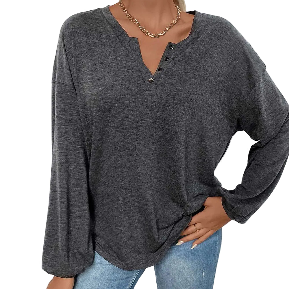 Top informal de manga larga holgado color gris jaspeado para mujer