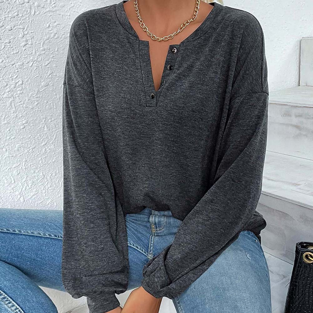 Top informal de manga larga holgado color gris jaspeado para mujer