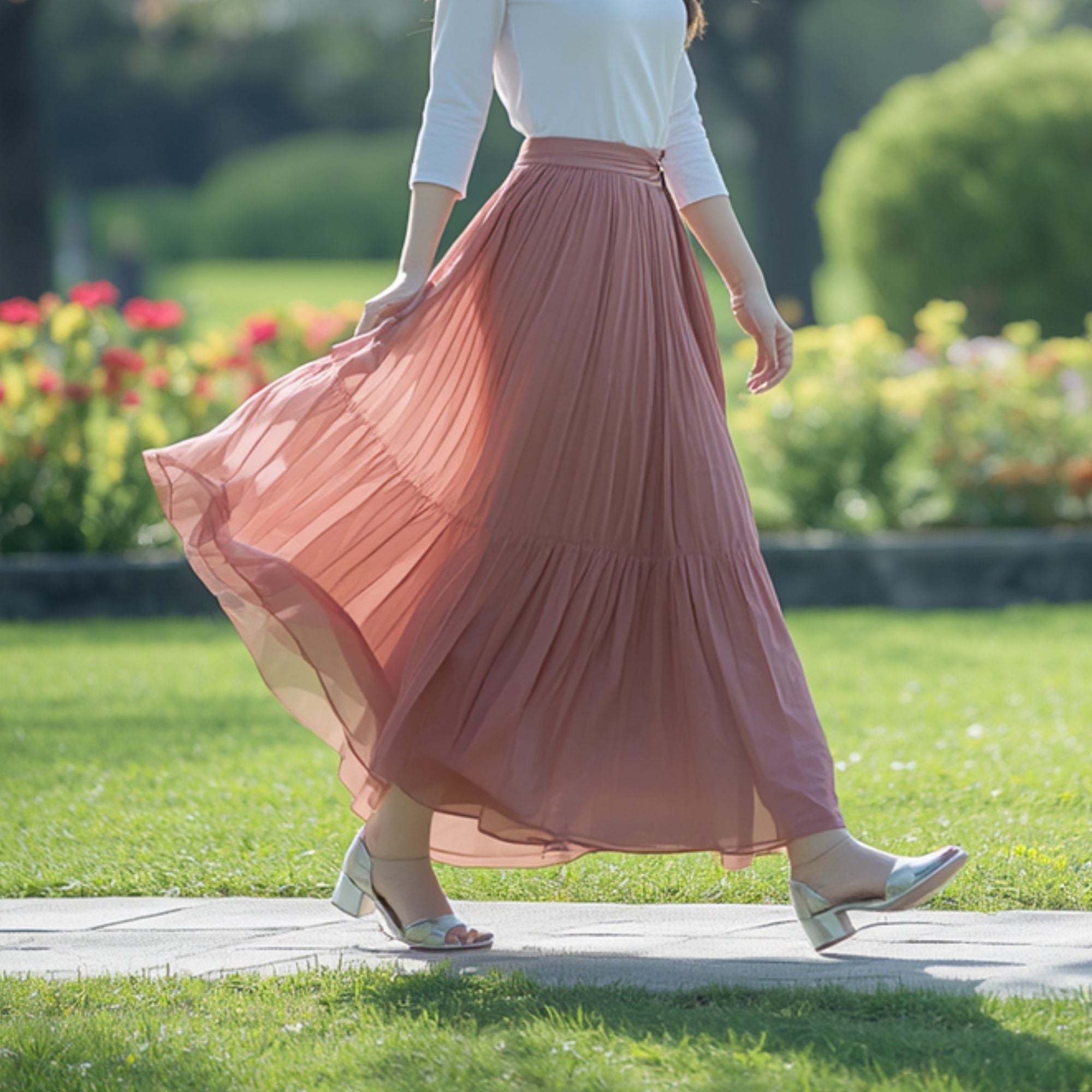 Falda Maxi Rosa para Mujer con Pliegues Finos y Diseño Largo Fluido