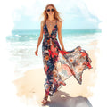 Vestido Largo Azul para Mujer con Estampado Floral Multicolor y Falda Fluida