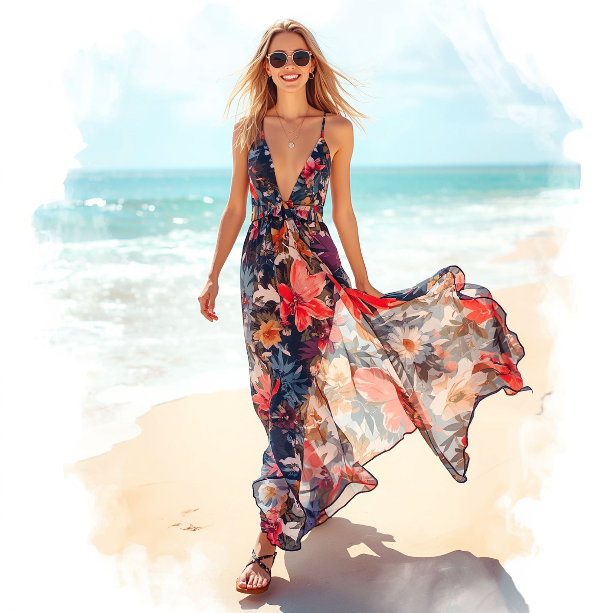 Vestido Largo Azul para Mujer con Estampado Floral Multicolor y Falda Fluida