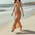 Vestido Largo Beige para Mujer con Estampado Floral y Tirantes Finos