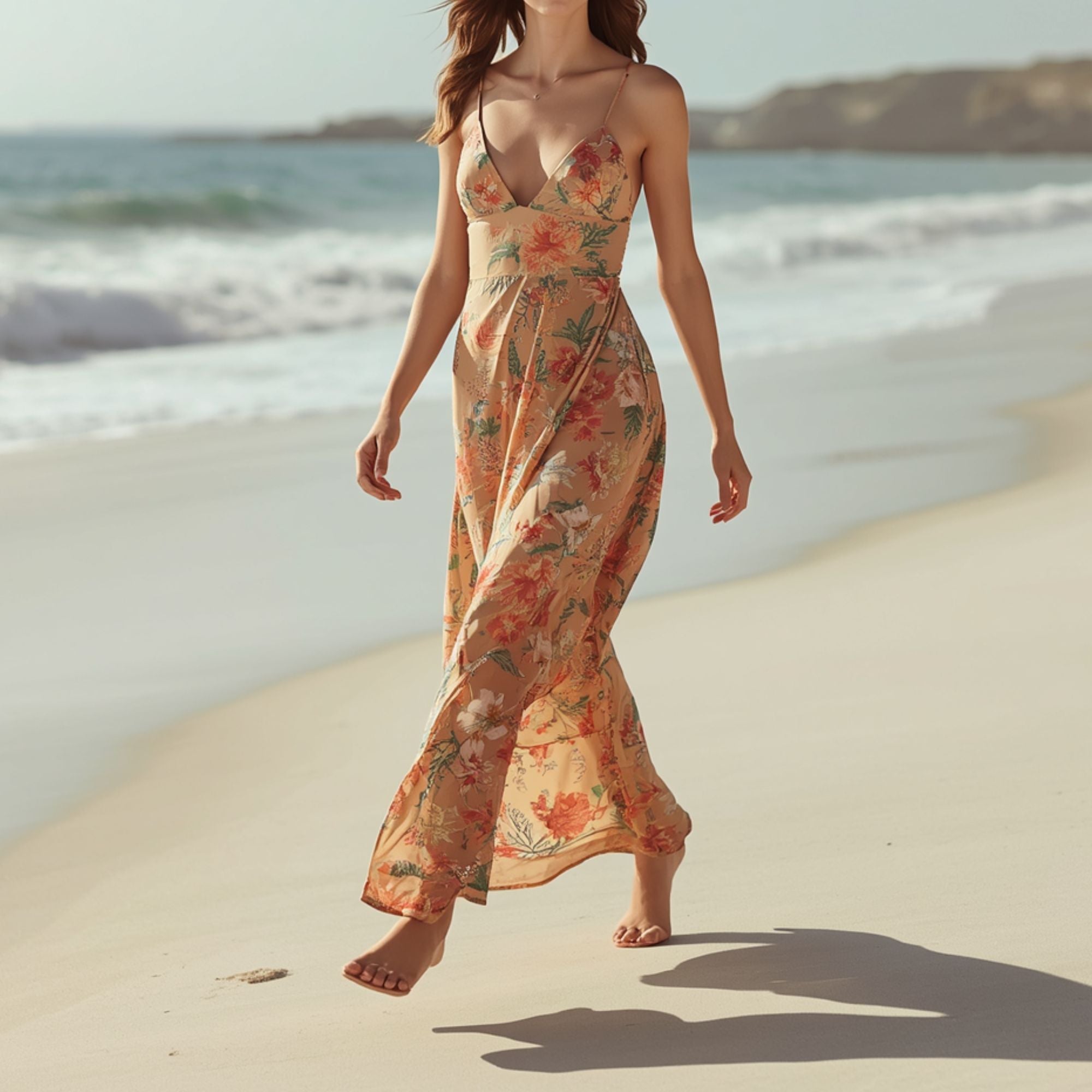 Vestido Largo Beige para Mujer con Estampado Floral y Tirantes Finos