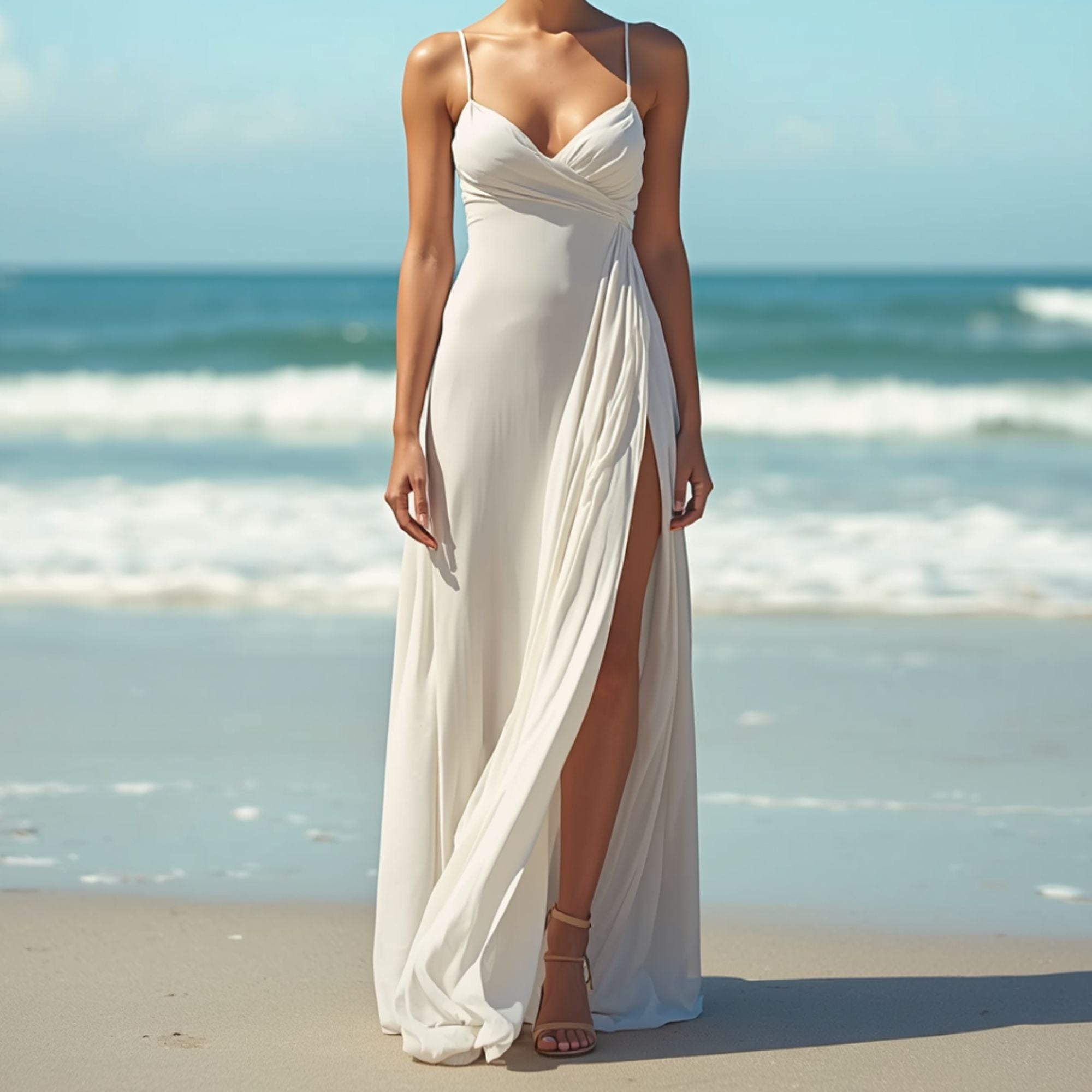 Vestido Largo Blanco para Mujer, Tirantes Finos y Abertura Lateral