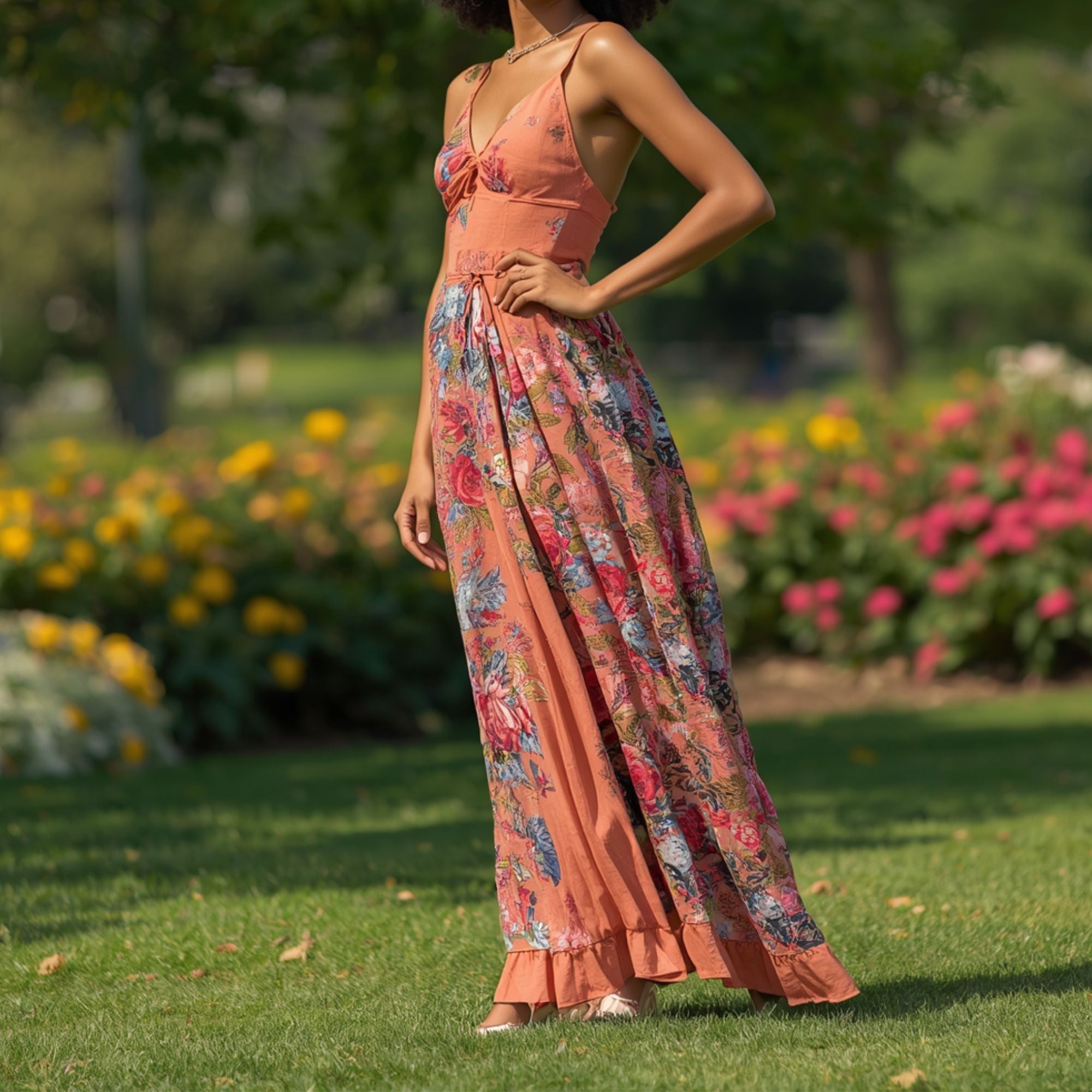 Vestido Largo Floral para Mujer, Tirantes Finos y Falda Fluida