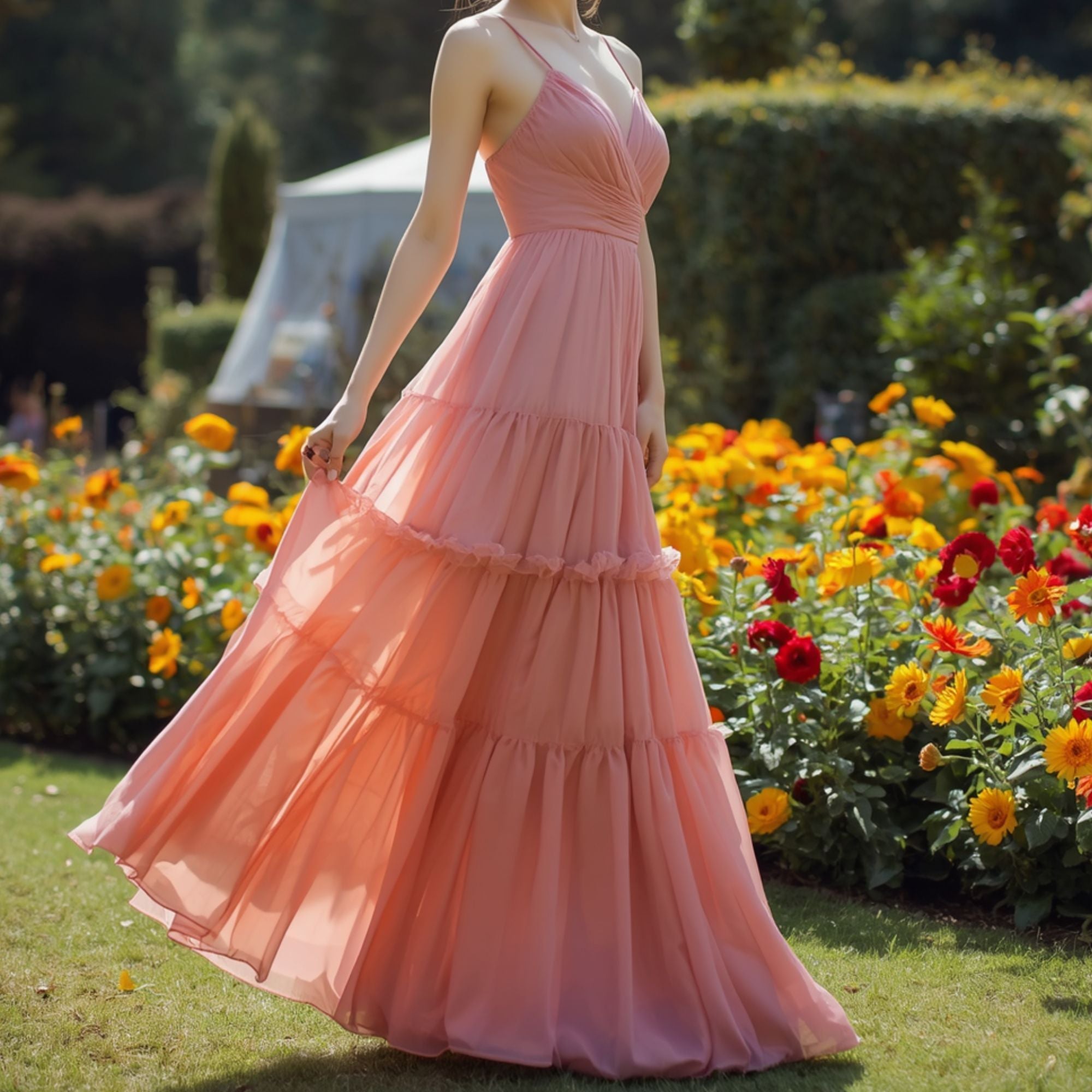 Vestido Largo Melocotón para Mujer con Falda de Volantes y Diseño Plisado