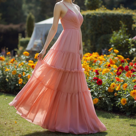 Vestido Largo Melocotón para Mujer con Falda de Volantes y Diseño Plisado