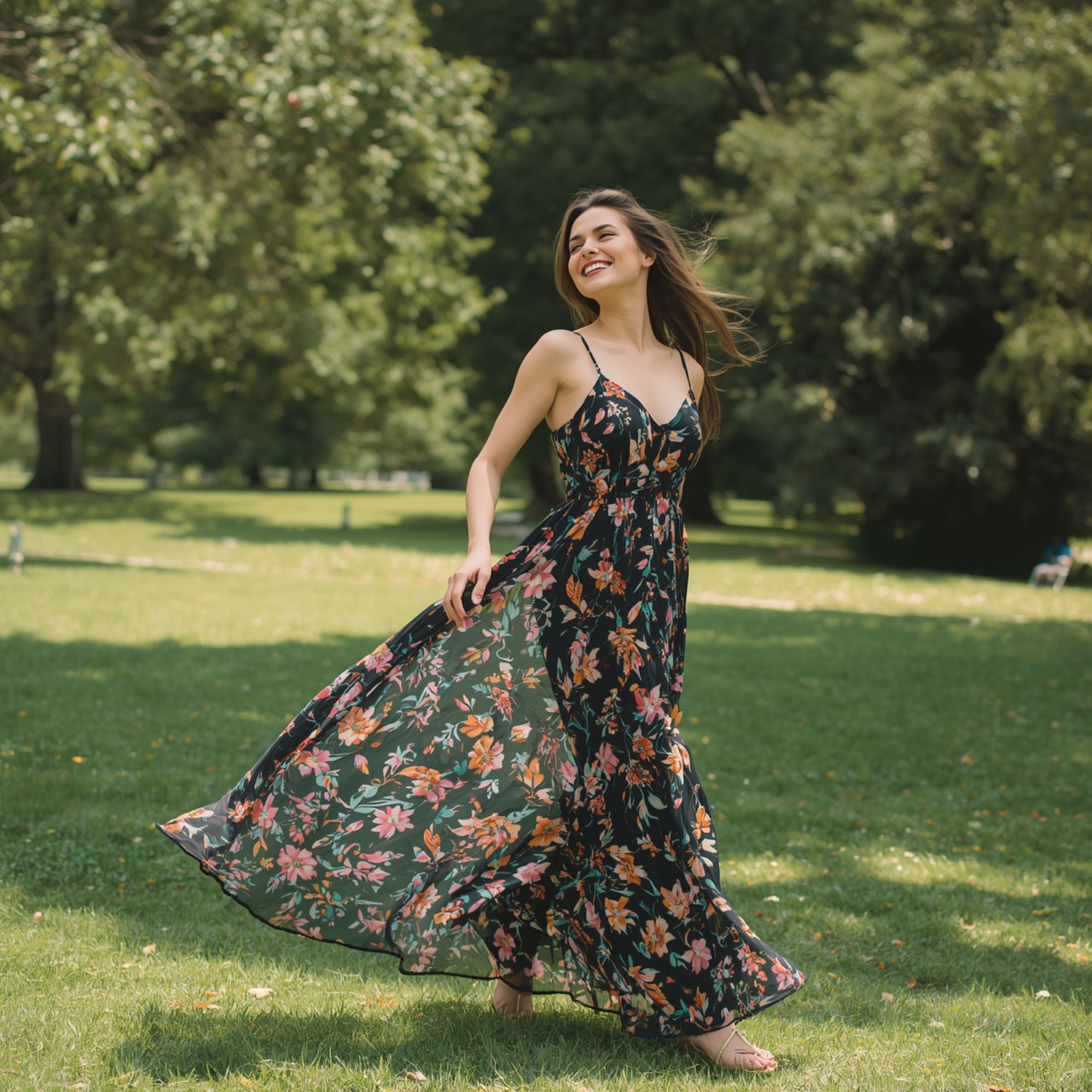 Vestido Largo Verde para Mujer con Estampado Floral y Tirantes Finos