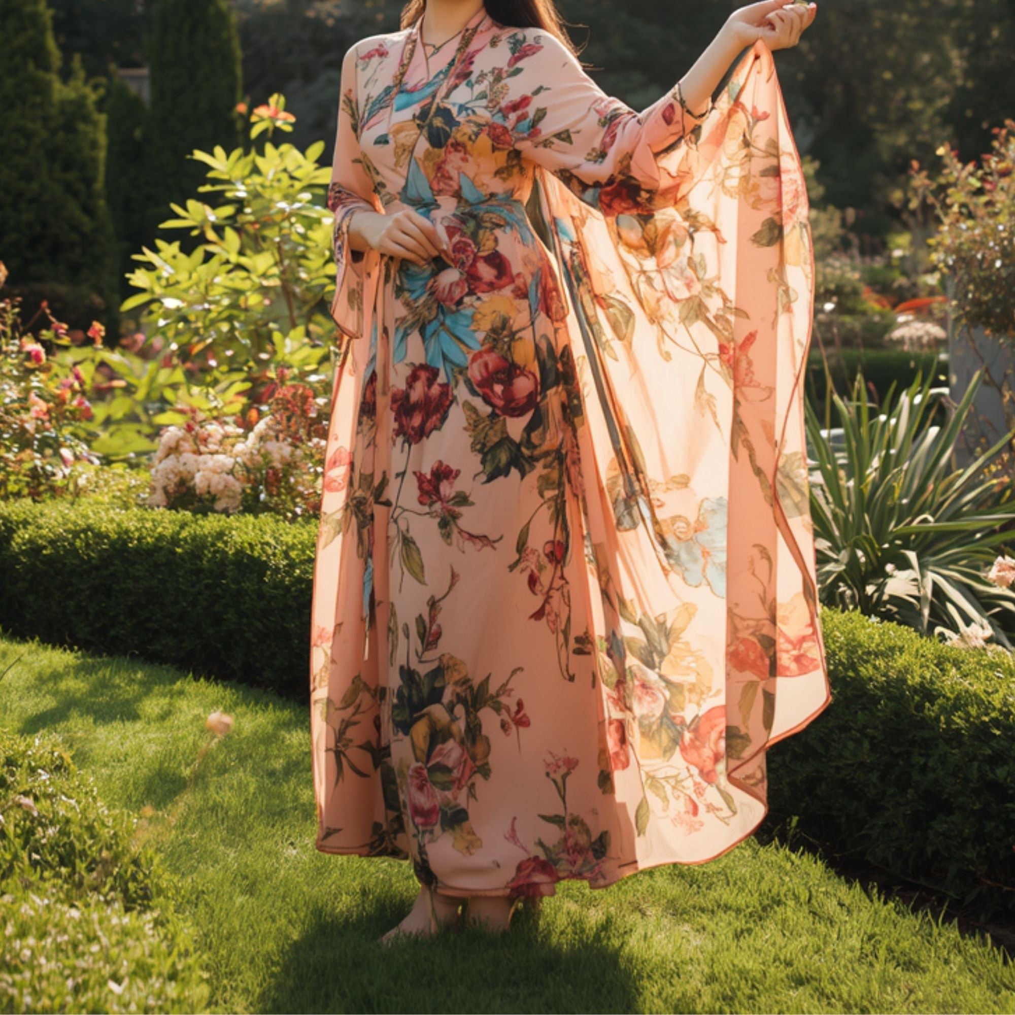 Vestido Largo para Mujer con Estampado Floral, Manga Amplia y Diseño Fluido
