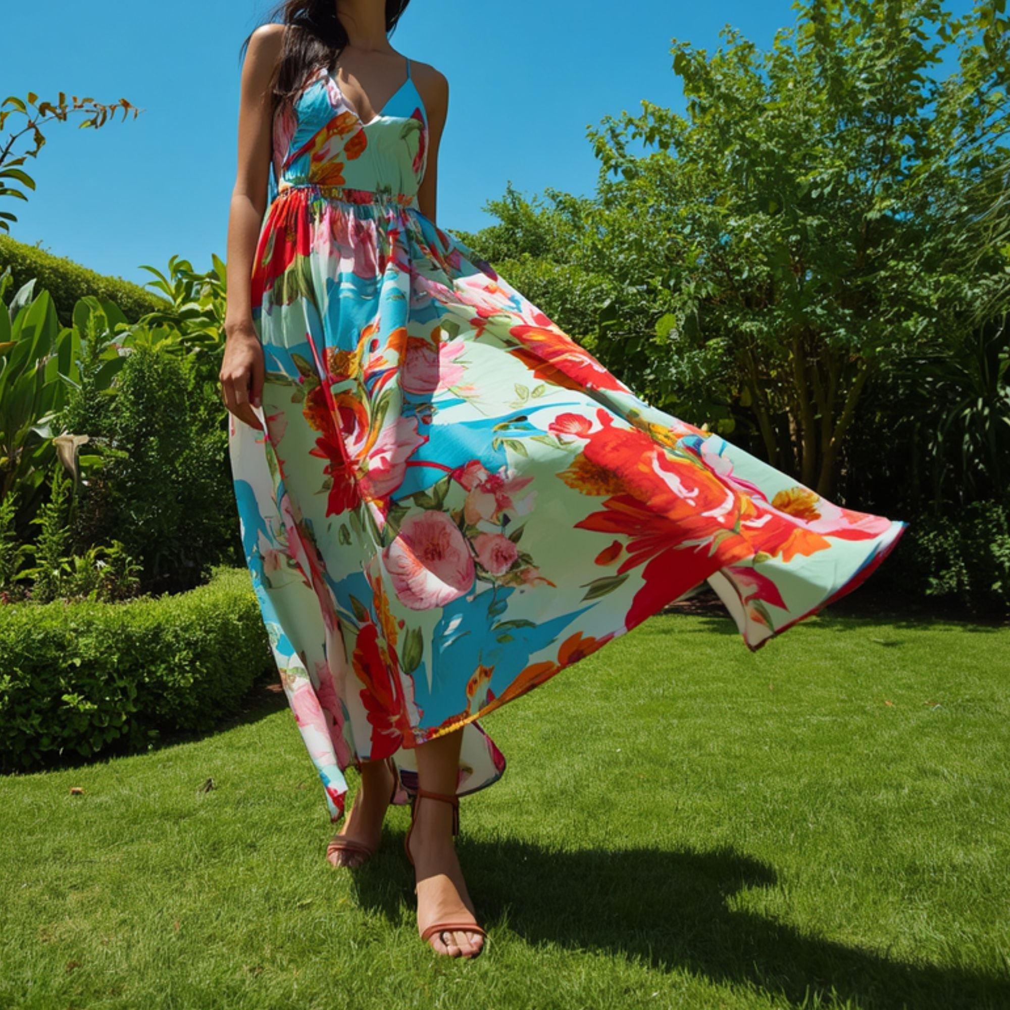 Vestido Maxi Turquesa para Mujer con Flores Multicolor y Falda Amplia