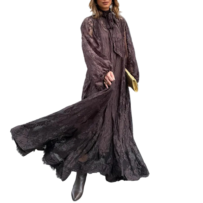 Vestido camisero largo de manga larga con volantes y bordados para mujer