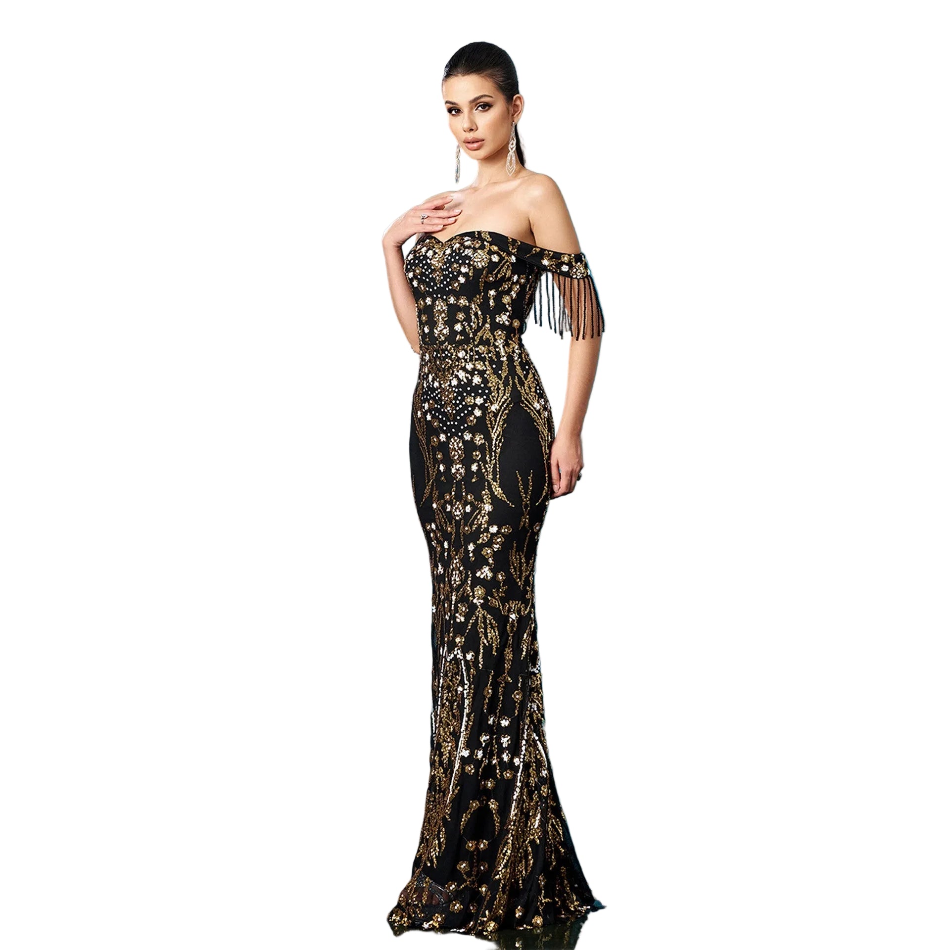 Vestido de noche formal de mujer con lentejuelas, borlas y cola de sirena, sin hombros
