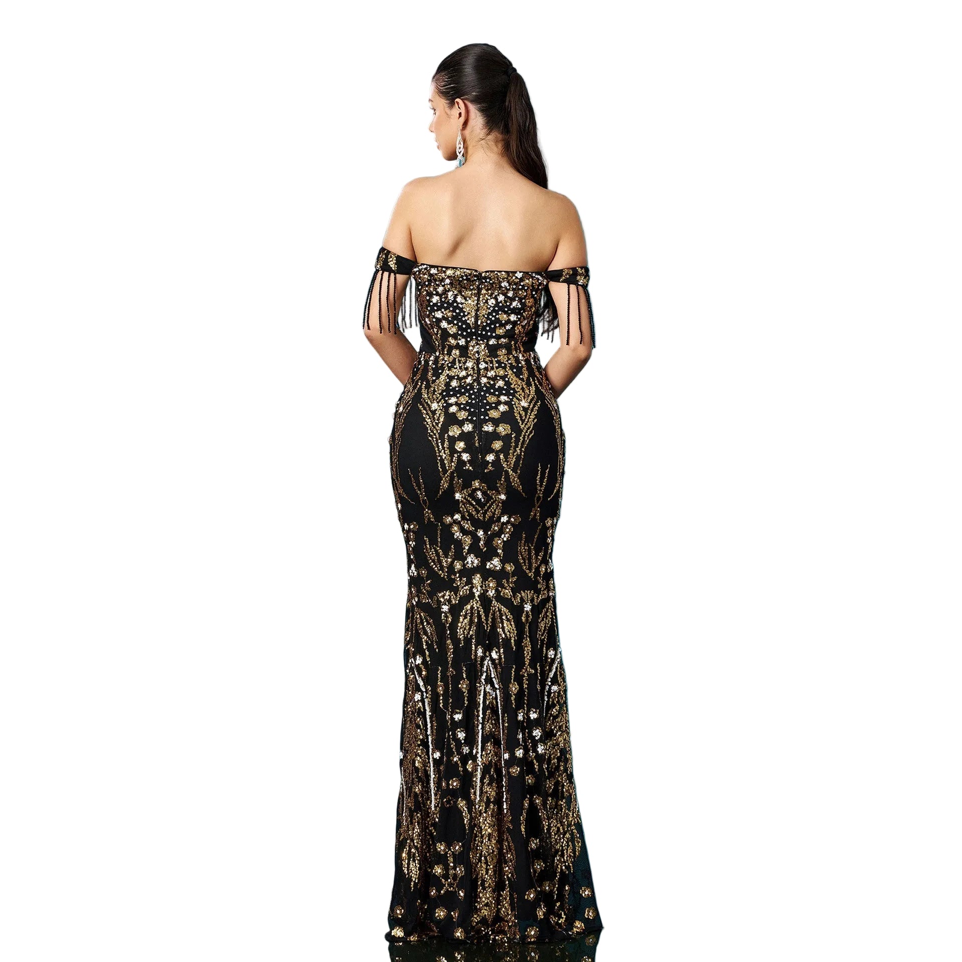 Vestido de noche formal de mujer con lentejuelas, borlas y cola de sirena, sin hombros