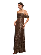 Vestido largo de noche sin mangas con lentejuelas y hombros descubiertos para mujer, corte en A