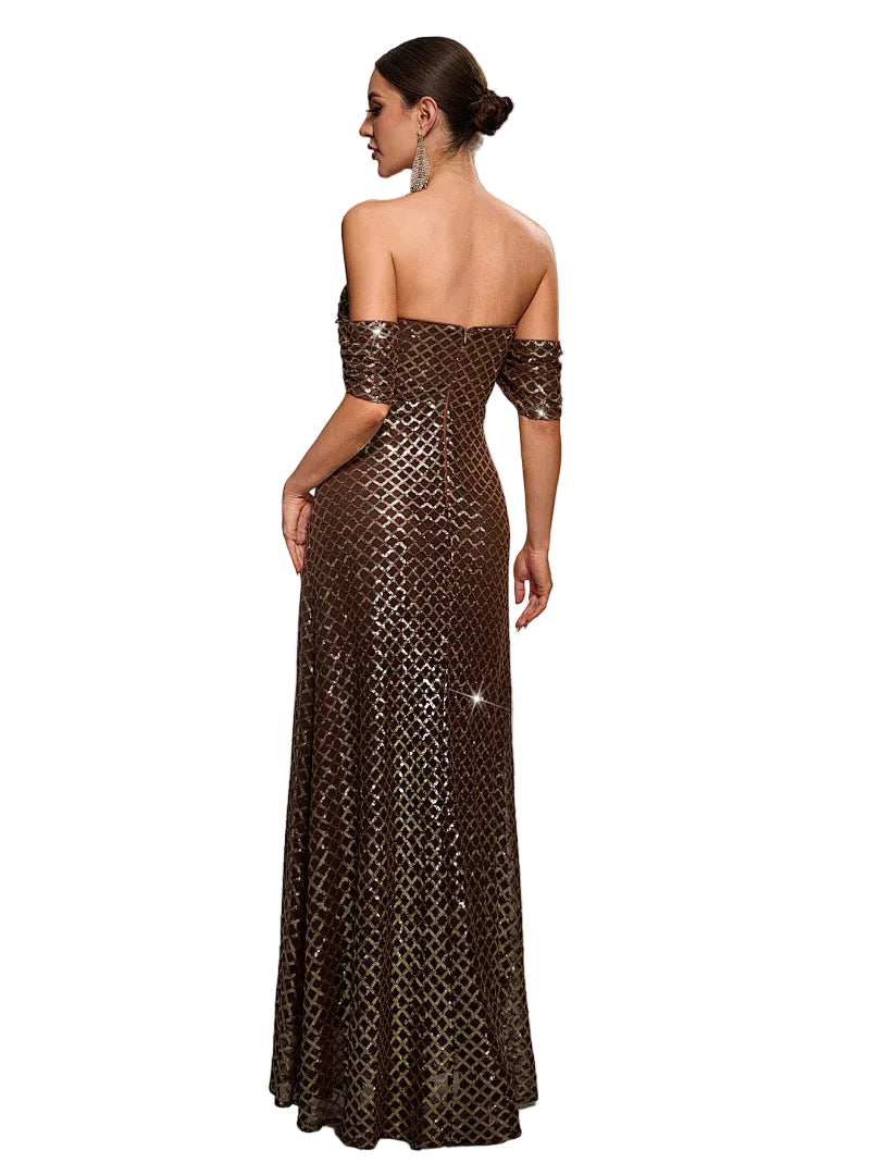 Vestido largo de noche sin mangas con lentejuelas y hombros descubiertos para mujer, corte en A