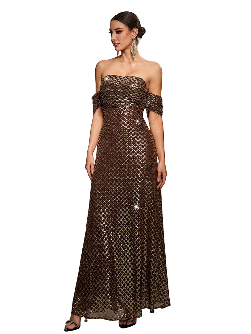 Vestido largo de noche sin mangas con lentejuelas y hombros descubiertos para mujer, corte en A