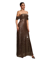 Vestido largo de noche sin mangas con lentejuelas y hombros descubiertos para mujer, corte en A