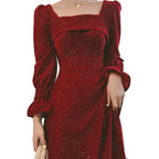 Vestido rojo de fiesta de otoño para mujer, de cintura media, estilo casual y formal