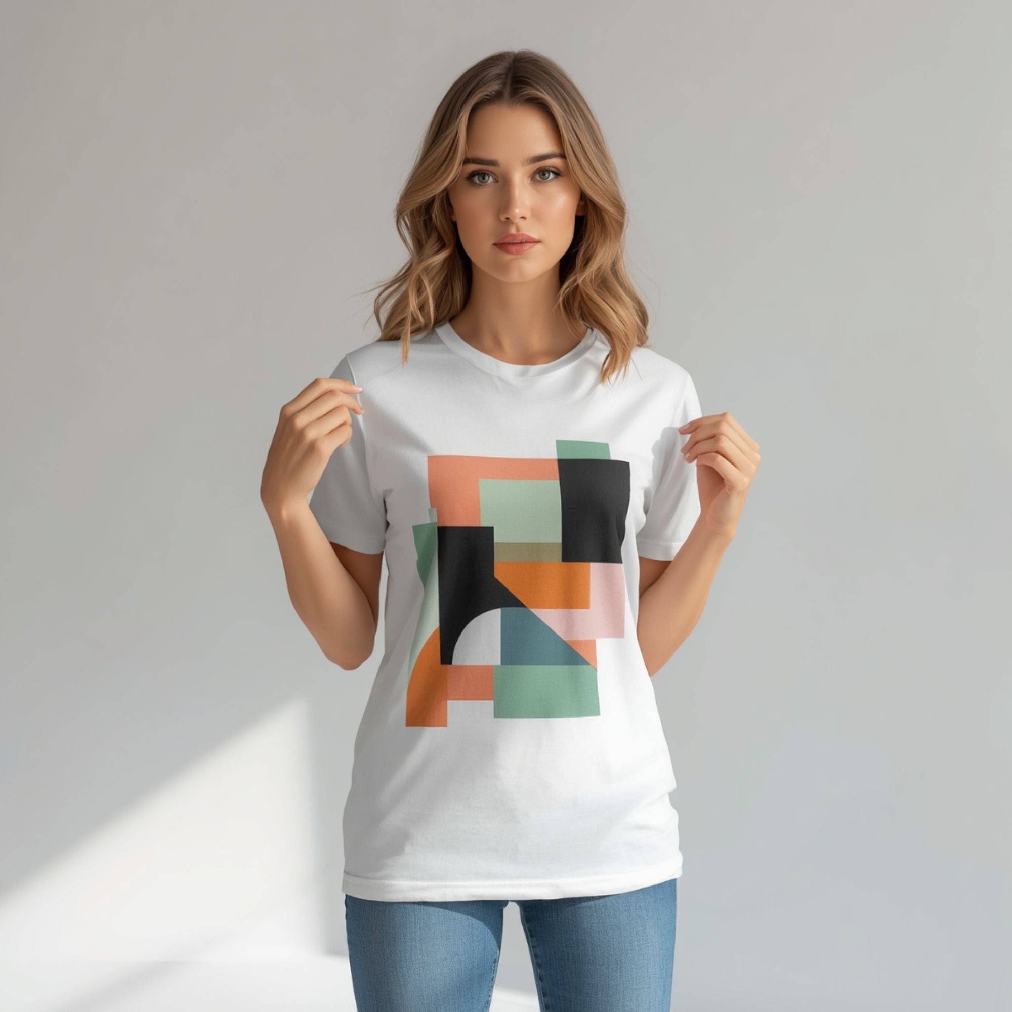 Women's Abstract Print Cotton T-Shirt – White Crew Neck Tee