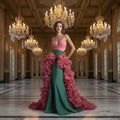 Zweifarbiges, tief ausgeschnittenes Abendkleid für Damen – Festliches Kleid mit abnehmbarer Rüschenschleppe