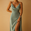 Elegant maxi dress with V-neck for women featuring a flowing fit and invisible back zipper, perfect for weddings, galas, and formal occasions.