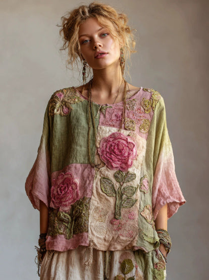 Vintage  Roses Gradient Linen Blouses