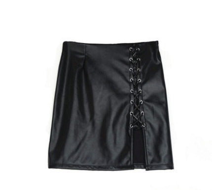 falda de mujer cuero PU con cordones vista frontal